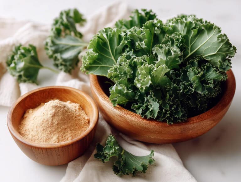 Fresh curly kale leaves in a wooden bowl with kale powder in a small bowl, promoting healthy eating for women over 40 focused on fitness and nutrition.