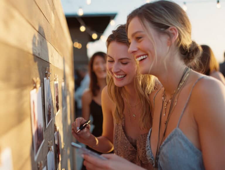 Happy women over 40 enjoying outdoor social event, smiling and reminiscing while looking at photo display, celebrating friendship and life.