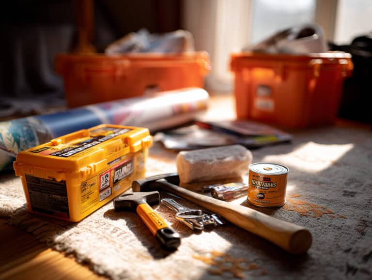 Tools and supplies for home repair or DIY project on a cozy rug, including a hammer, wrench, glue, paint, and storage boxes, perfect for women over 40 interested in fitness and home improvement.