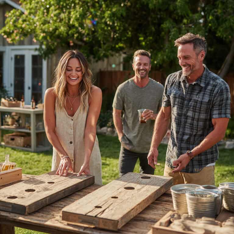 Outdoor backyard gathering with friends enjoying summer evening, playing outdoor games, and sharing laughter, embodying fun, friendship, and healthy lifestyle over 40.