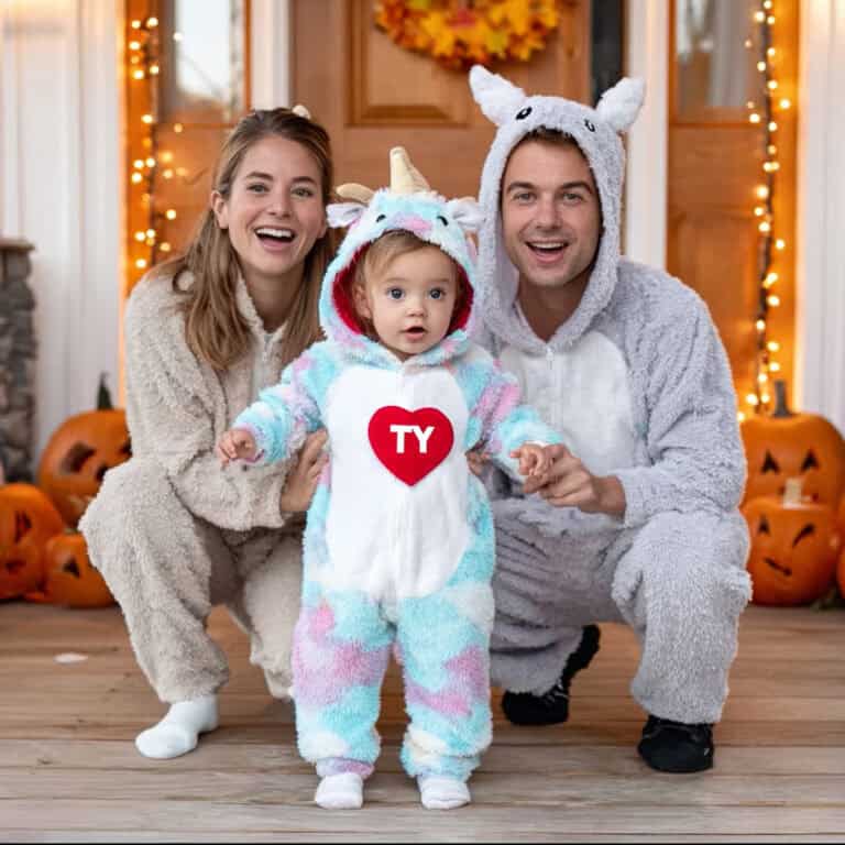 Cute family dressed in unicorn and animal-themed pajamas celebrating Halloween and the fall season, surrounded by autumn decor and pumpkins.
