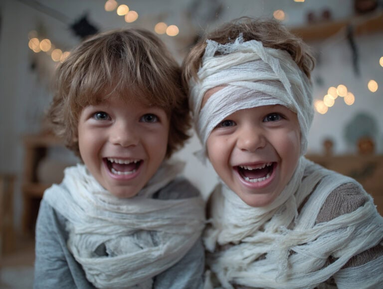 Happy children dressed as mummies celebrating Halloween, focusing on fun and healthy activities for over 40s, promoting family fitness, wellness, and staying active through joyful moments.
