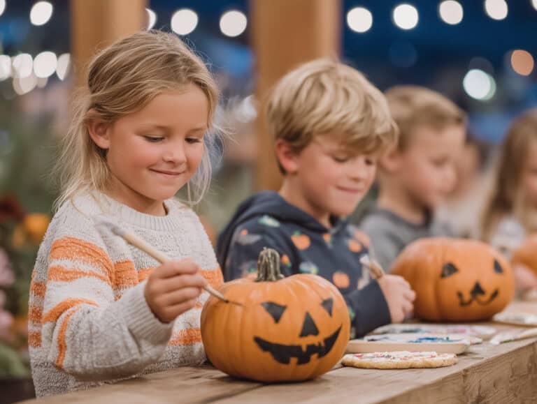Pumpkin decorating activity for kids during Halloween at a fall craft event, featuring children creating festive jack-o'-lanterns with orange pumpkins and paint.