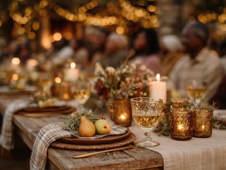 Elegant dinner table setting with candles, fruits, and floral centerpiece for over 40s wellness event