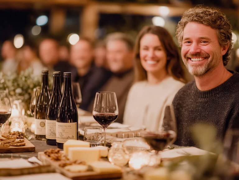 Relaxed mature adults enjoying wine and food at a cozy dinner party, emphasizing healthy lifestyle, socializing over 40, and wellness for women and men over 40.
