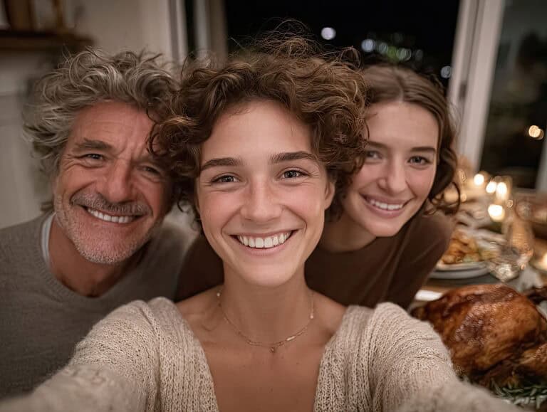Vibrant family celebrating Thanksgiving dinner, emphasizing healthy lifestyle, joy, and togetherness for women over 40; smiling faces, festive atmosphere.