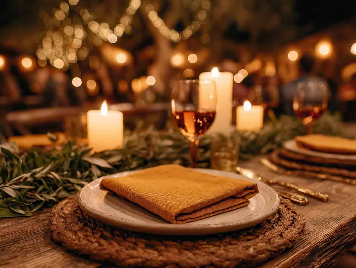 warmly lit Friendsgiving dining table