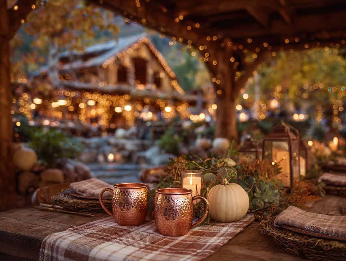 rustic outdoor Friendsgiving table set under string lights