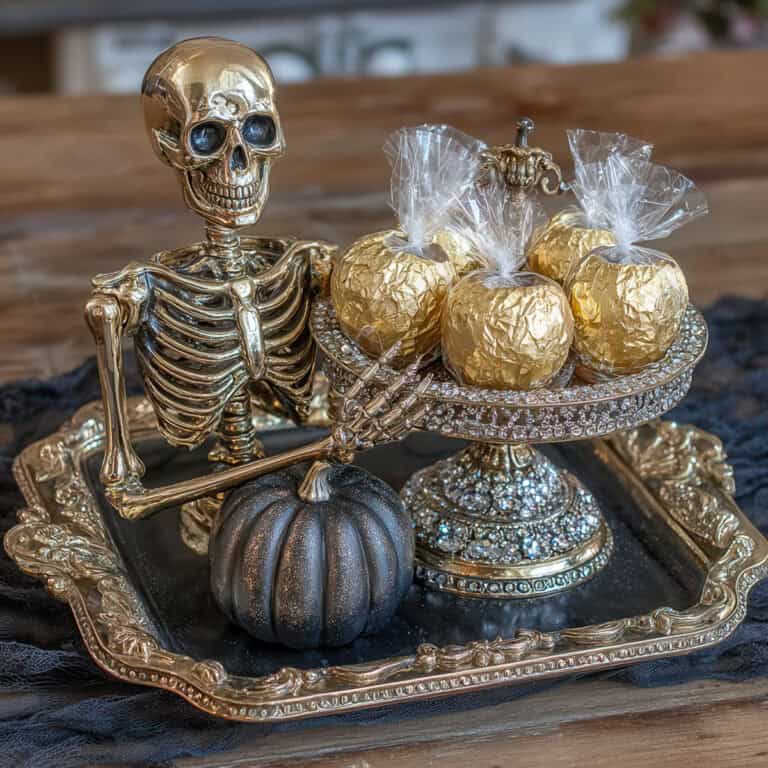 Golden skeleton figurine holding a decorative tray of gold-wrapped candies on an ornate silver platter, perfect for Halloween or spooky celebrations.
