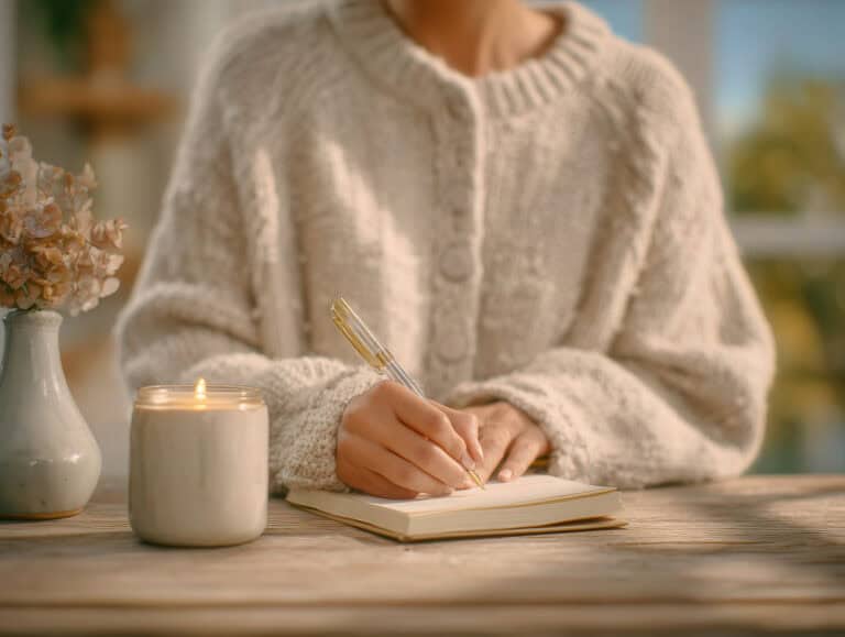 Cozy woman writing in a journal at home during daytime, wearing a warm beige sweater, with a lit candle and dried flowers on the table, emphasizing comfort and mindfulness for women over 40.
