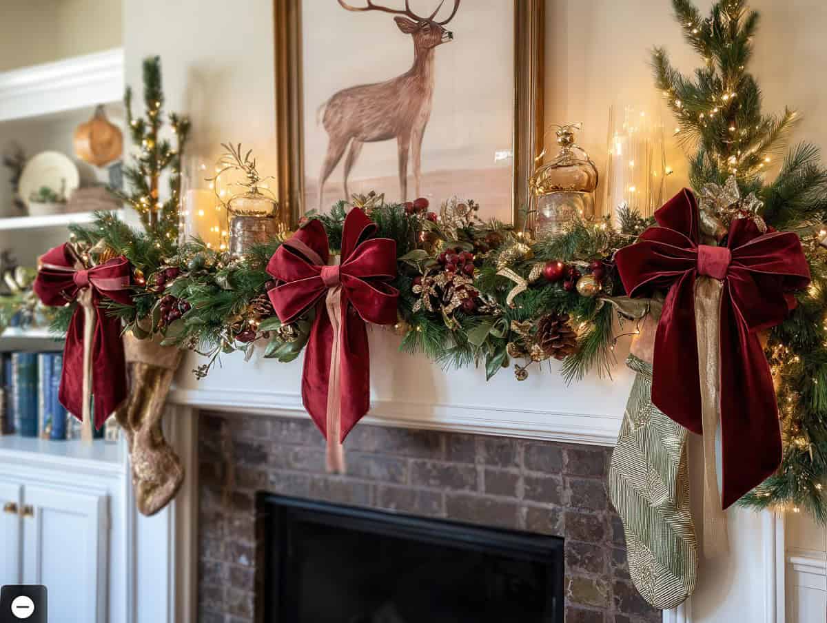 Christmas Mantle with velvet bows garland