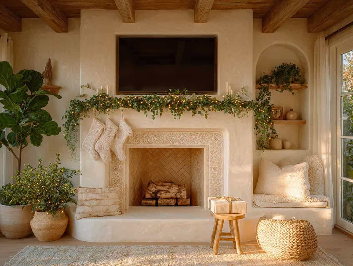 Christmas Decorations With a TV Over the Mantel