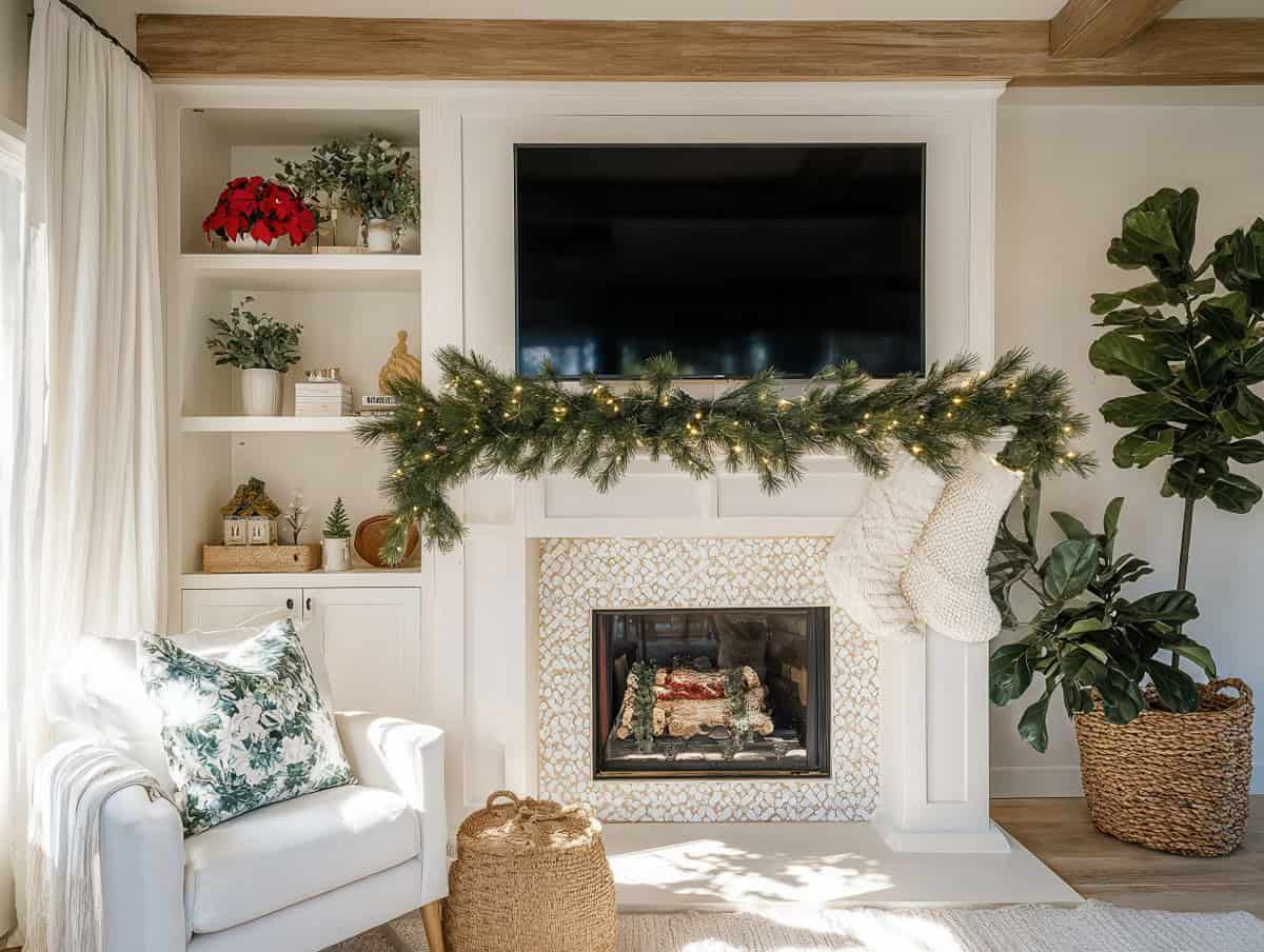 Christmas Decorations With a TV Over the Mantel