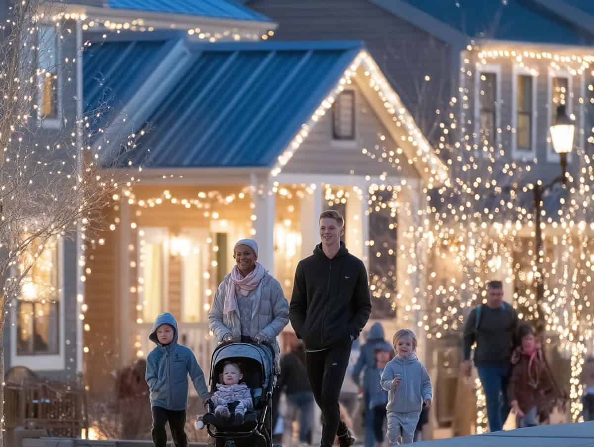 A family walking the neighborhood looking at Christmas Lights