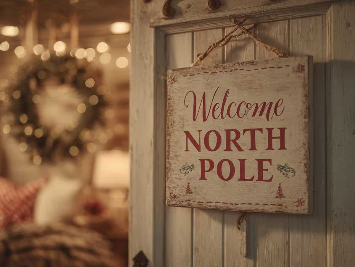 A wooden welcome to the North Pole sign adds to the festive party scene