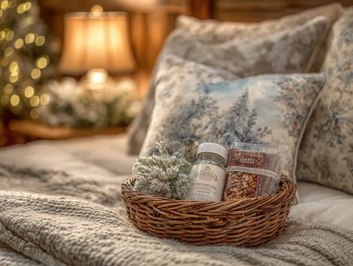 Welcome basket placed in guest bedroom