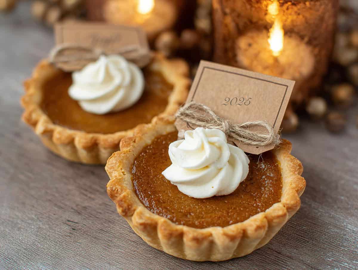 mini pumpkin pie favor in kraft box with thankful tag