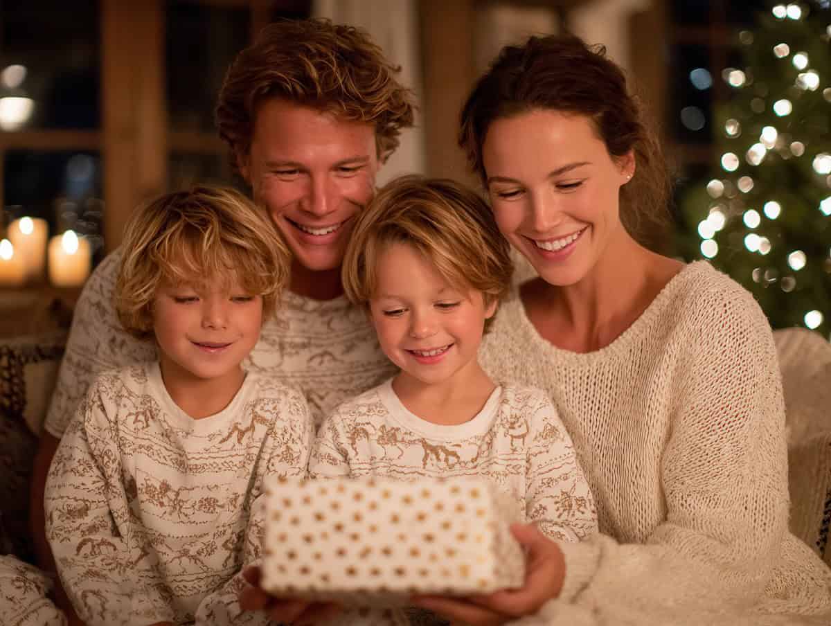 A family with a cozy night in on Christmas Eve