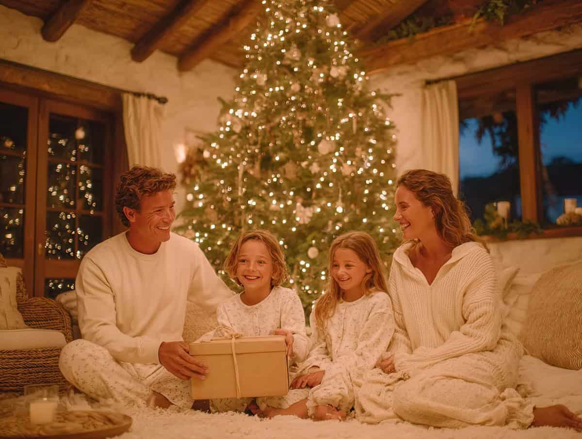 Child opening one gift on Christmas Eve