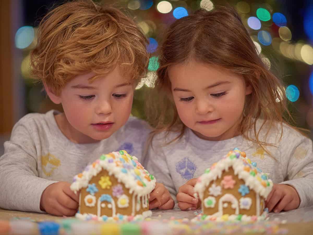 kids making Gingerbread houses on Christmas Eve