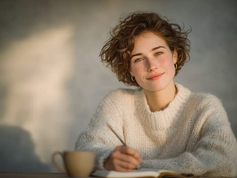 A cheerful woman over 40 with curly hair smiles warmly, seated at a table with a mug and notebook, embodying health, confidence, and vitality for women in their 40s and beyond.