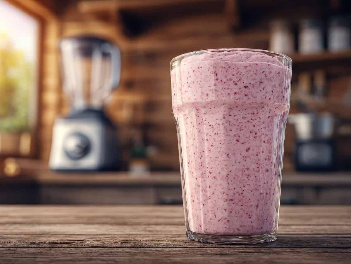 Protein smoothie with frozen berries, spinach, Greek yogurt, and unsweetened almond milk.