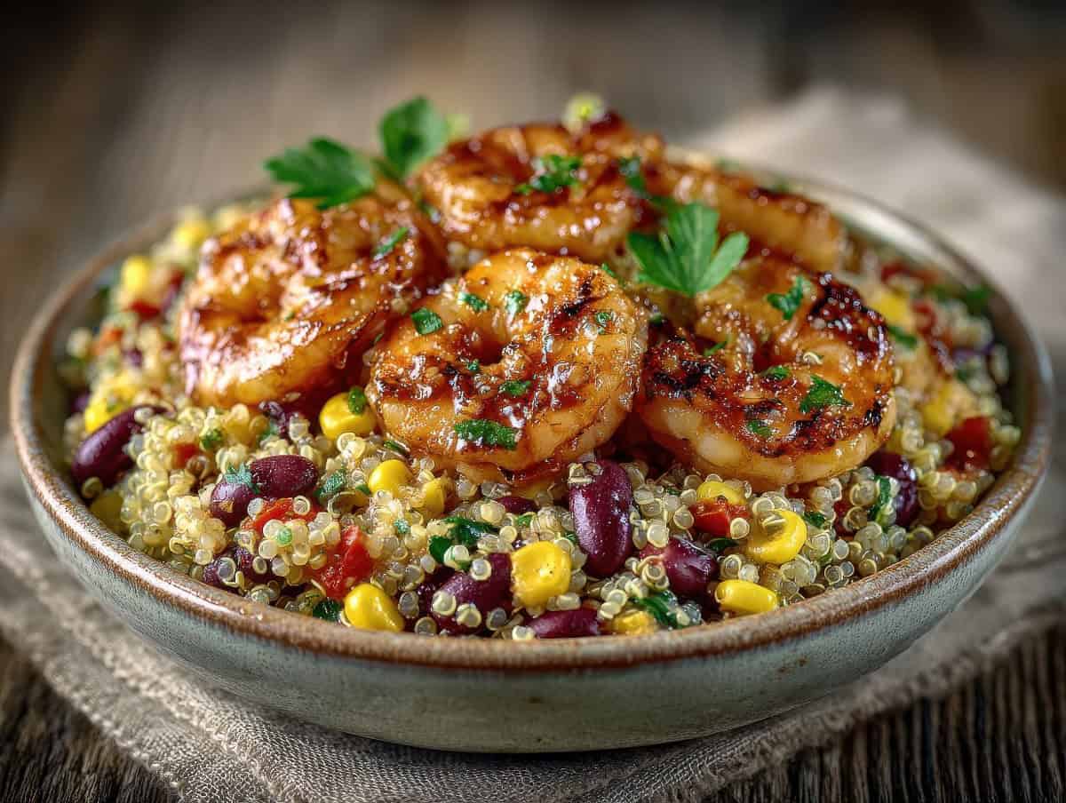 Kidney beans and corn tossed with quinoa, lime, and diced bell pepper. Add grilled shrimp or tofu.