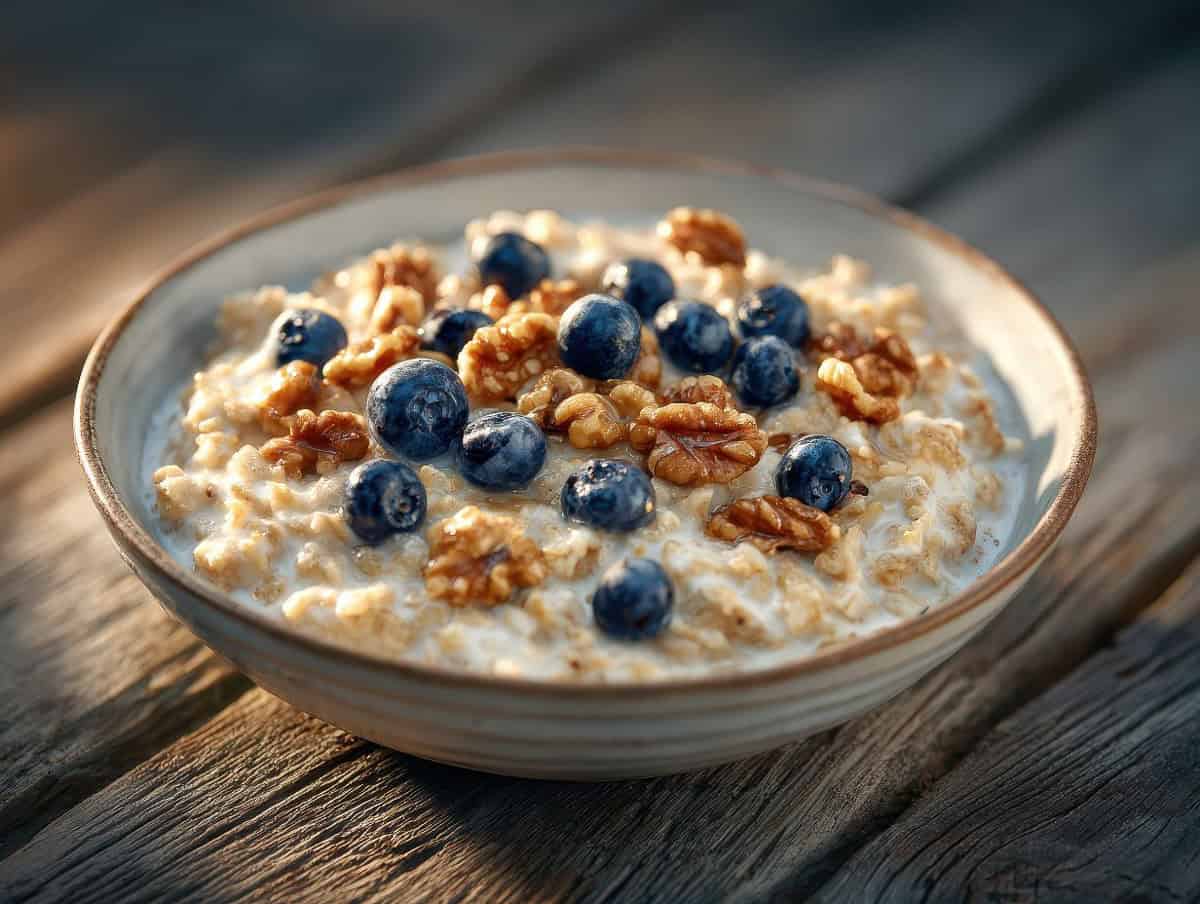 Greek yogurt with berries and a small sprinkle of oats.