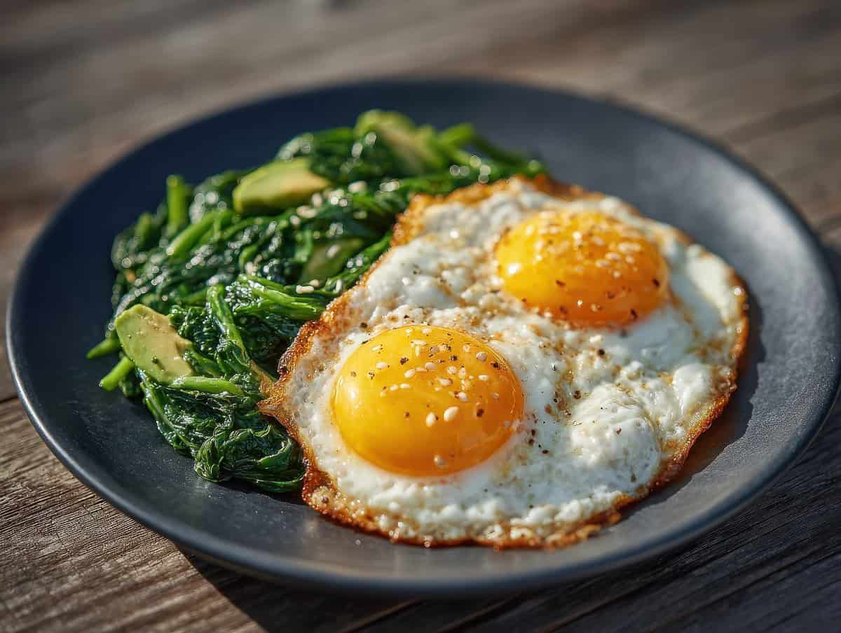 Two scrambled eggs with spinach and a slice of whole grain toast.
