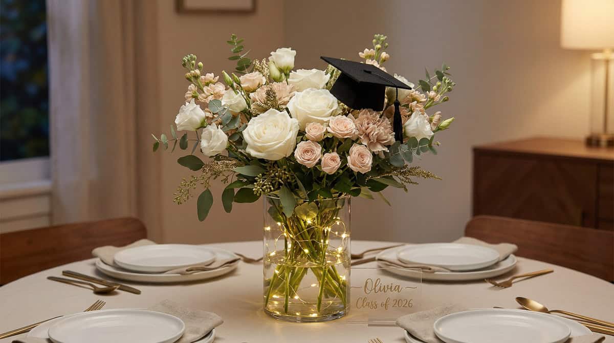 2026 Graduation Party Centerpiece Ideas-03 | Fit Fun And Over 40 Elegant Floral with Gold Glitter Accents