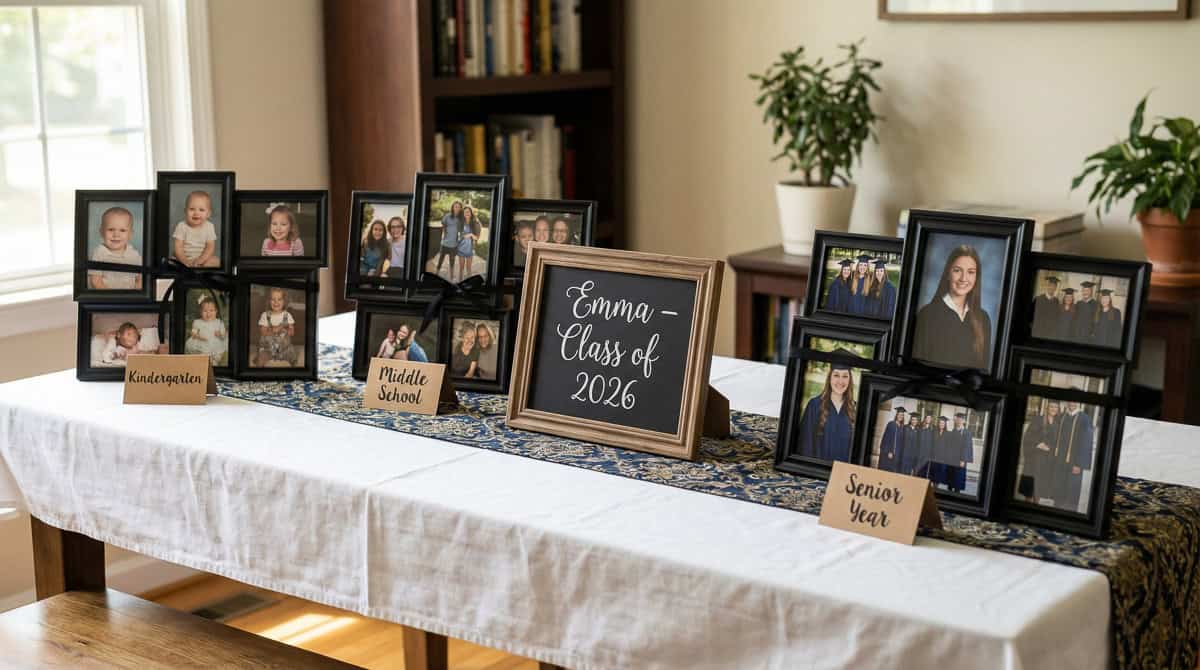 2026 Graduation Party Centerpiece Ideas-06 | Fit Fun And Over 40 Memory Lane Table with Grad Photos
