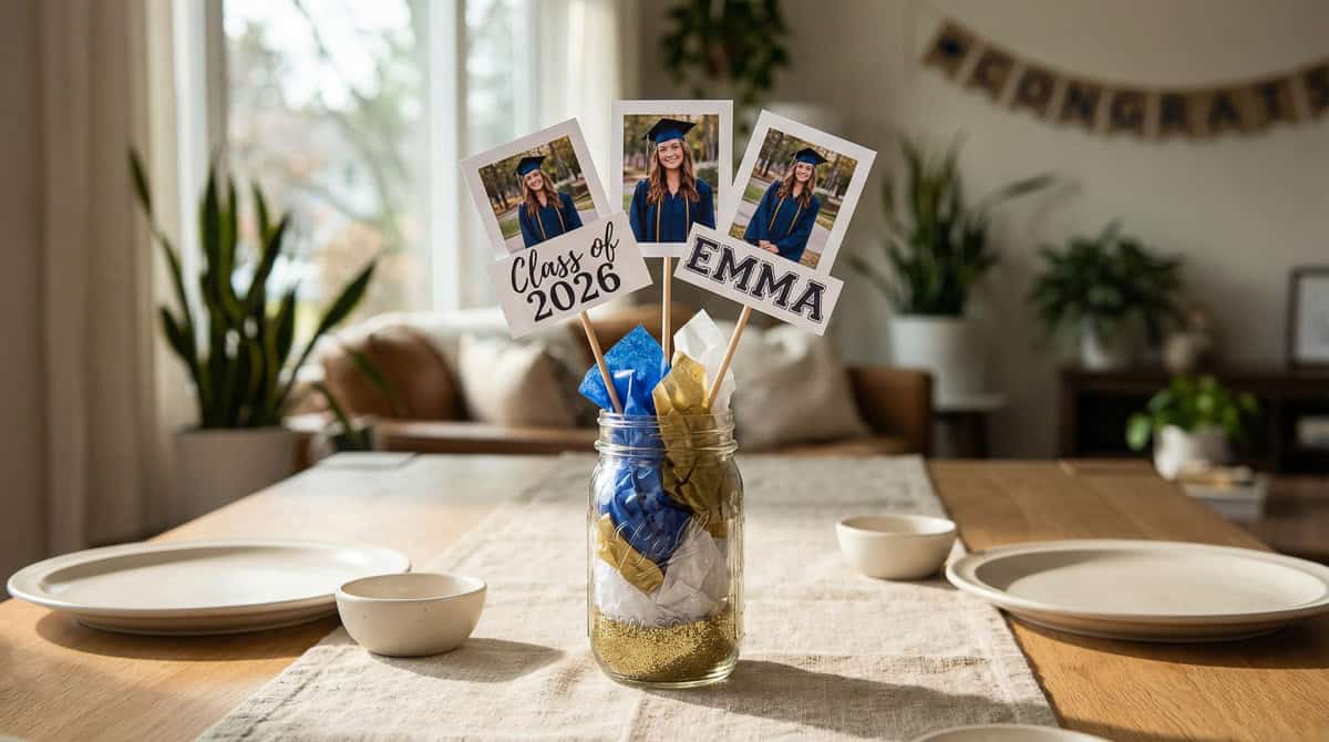 2026 Graduation Party Centerpiece Ideas-08 | Fit Fun And Over 40 Photo Stick Centerpieces for Graduation Party Tables