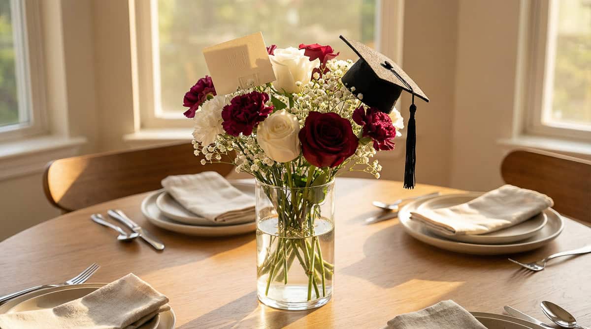 2026 Graduation Party Centerpiece Ideas-10 | Fit Fun And Over 40 Graduation Hat Inside a Floral Arrangement