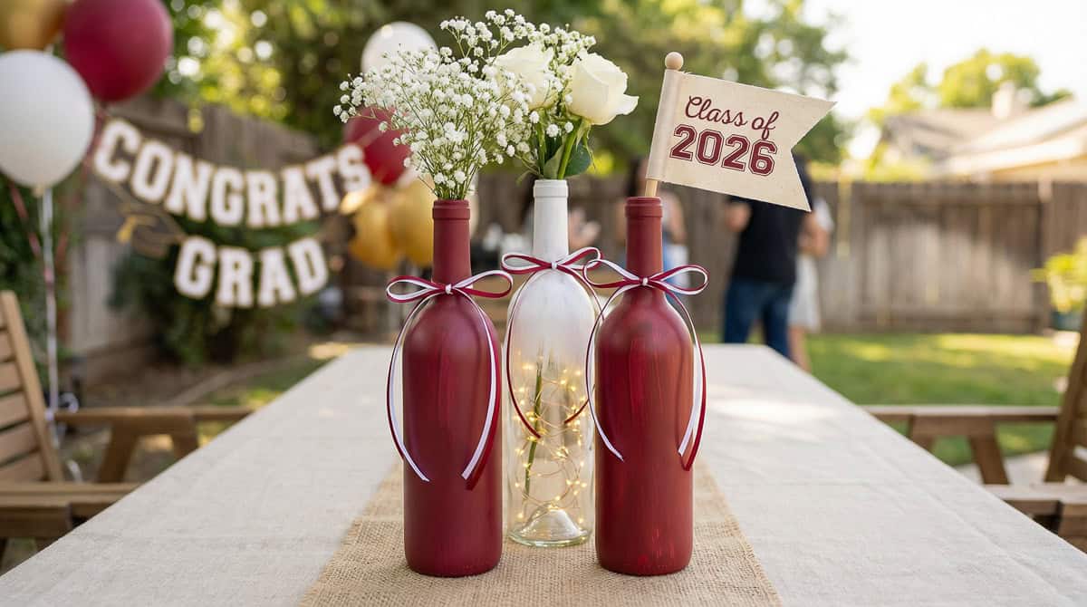 2026 Graduation Party Centerpiece Ideas-14 | Fit Fun And Over 40 Painted Wine Bottle Display