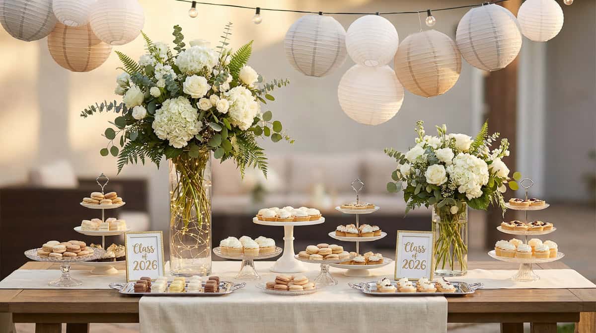 2026 Graduation Party Centerpiece Ideas-17 | Fit Fun And Over 40 Buffet Tables and Dessert Table Statement Pieces