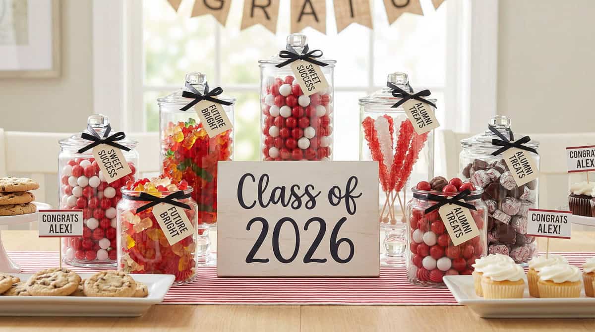 2026 Graduation Party Centerpiece Ideas-18 | Fit Fun And Over 40 Candy Buffet Centerpiece