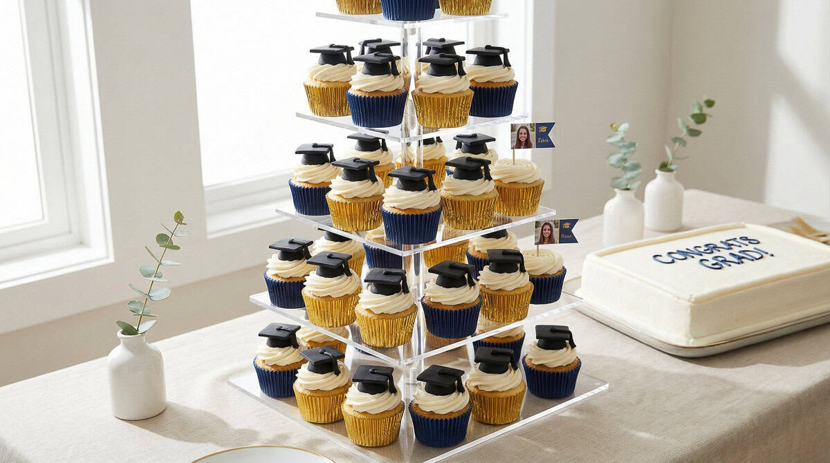 2026 Graduation Party Centerpiece Ideas-19 | Fit Fun And Over 40 Cupcake Tower with Graduation Hat Toppers