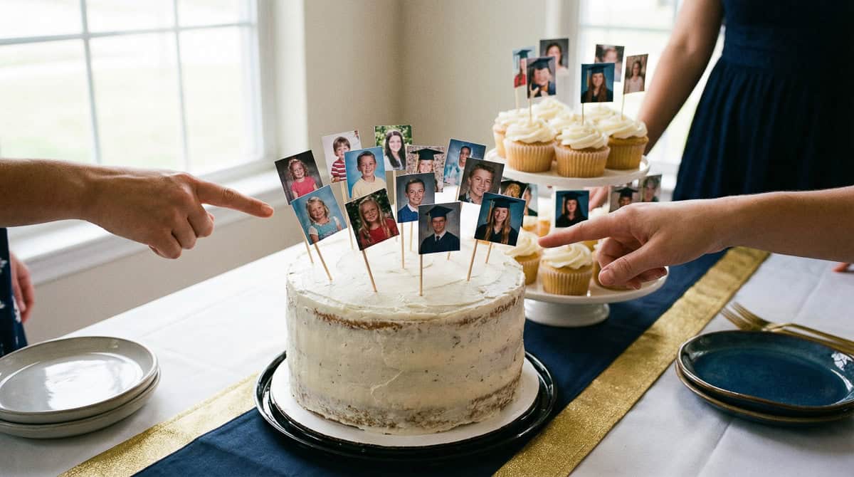 2026 Graduation Party Centerpiece Ideas-20 | Fit Fun And Over 40 Mini Photo Flags on Cakes