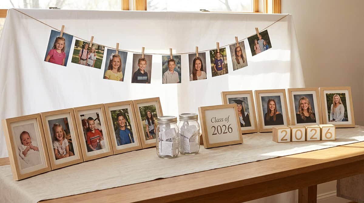 Graduation Party Table Ideas-3 | Fit Fun And Over 40 “Memory Lane” Photo Display Table