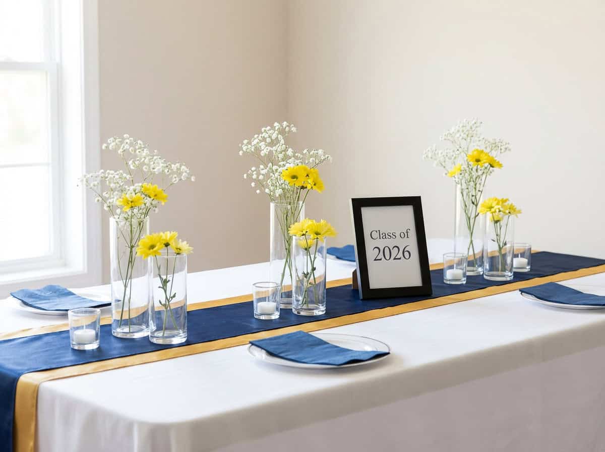 Graduation Party Table Ideas-6 | Fit Fun And Over 40 Start with table runners. Many dollar store locations carry solid colors that match school colors. Layer one down the center of your graduation party table. It instantly adds polish.Next, grab simple vases. Clear glass works best. Fill them with fresh flowers or even faux stems. Group them in sets of three for balance. It looks more styled that way.Candle holders are another great find. Small glass votives or pillar holders add height. They also make evening parties feel warm, especially under string lights.Printable signs are a great way to add personality without extra cost. You can print quotes, the graduation year, or simple labels at home. Slide them into frames. It looks custom, but it’s not expensive.If you keep your color palette consistent, even basic items feel coordinated. That is the key.Decorating this way is not about cutting corners. It is about being smart. A dollar store haul can pull together buffet tables, dessert tables, and your main graduation party table.Simple pieces. Clear plan. No extra cost you don’t need.