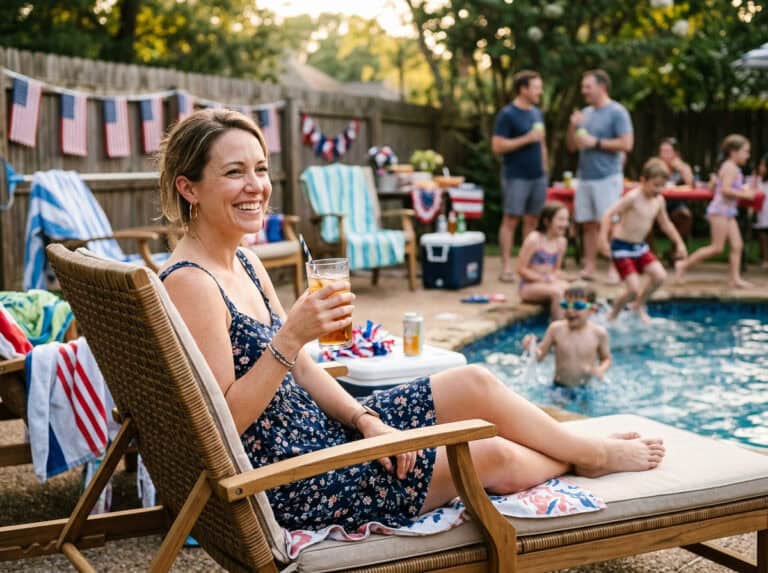 Woman relaxing on a poolside chaise with a drink, at a patriotic backyard party by the fence and pool in the background.