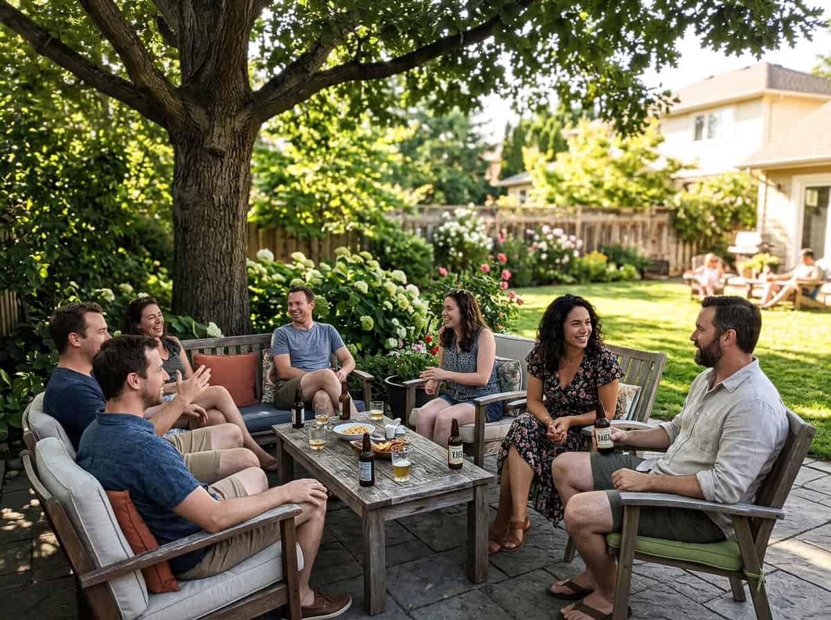 Eight friends sit around a wooden table in a sunny backyard, chatting and laughing with drinks and snacks on the table behind a large tree.