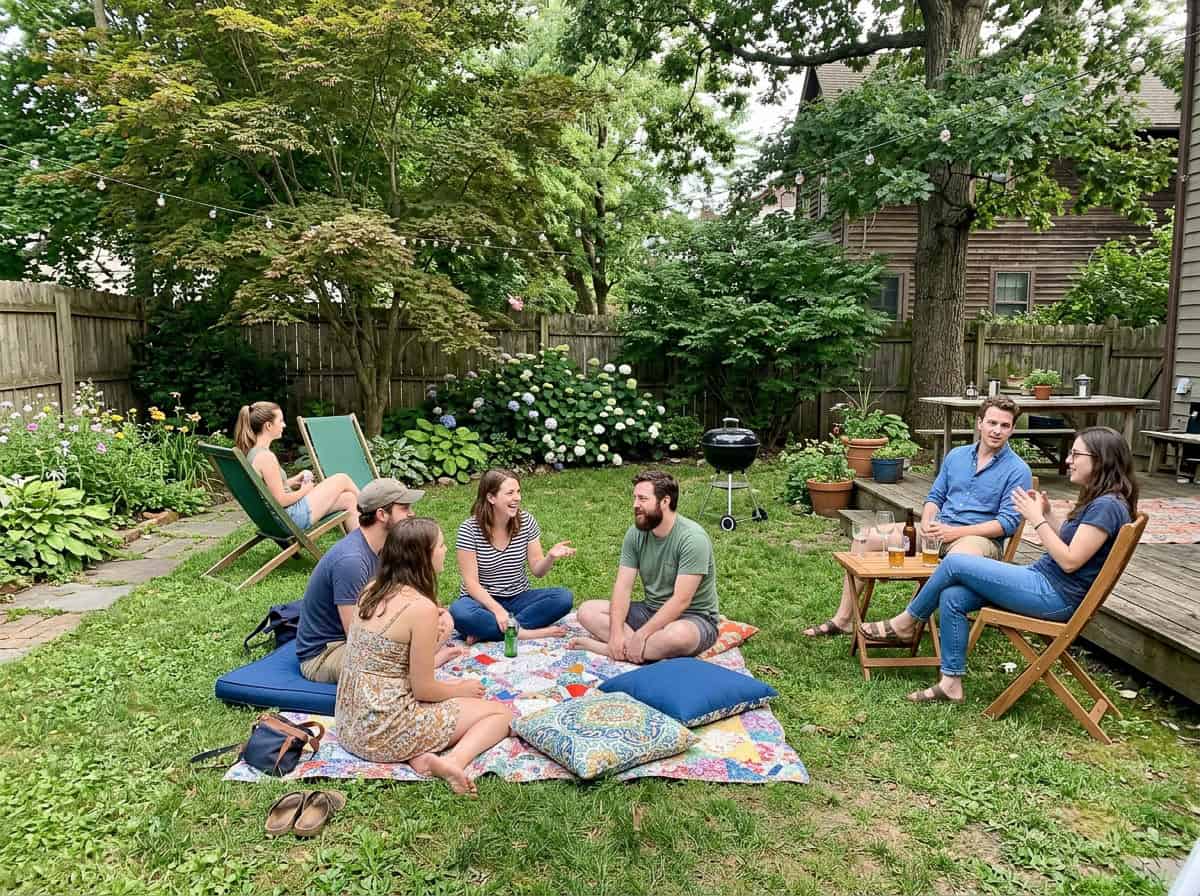 Group of friends having a backyard picnic on a colorful blanket with cushions, chatting and laughing under string lights.
