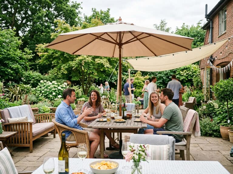Group of friends seated at a wooden table in a sunny garden, chatting and enjoying drinks and snacks under a large patio umbrella.