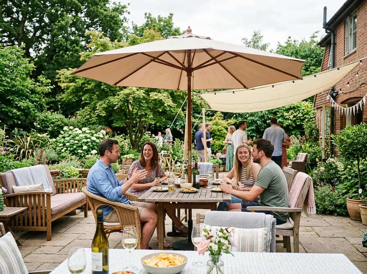 Group of friends seated at a wooden table in a sunny garden, chatting and enjoying drinks and snacks under a large patio umbrella.