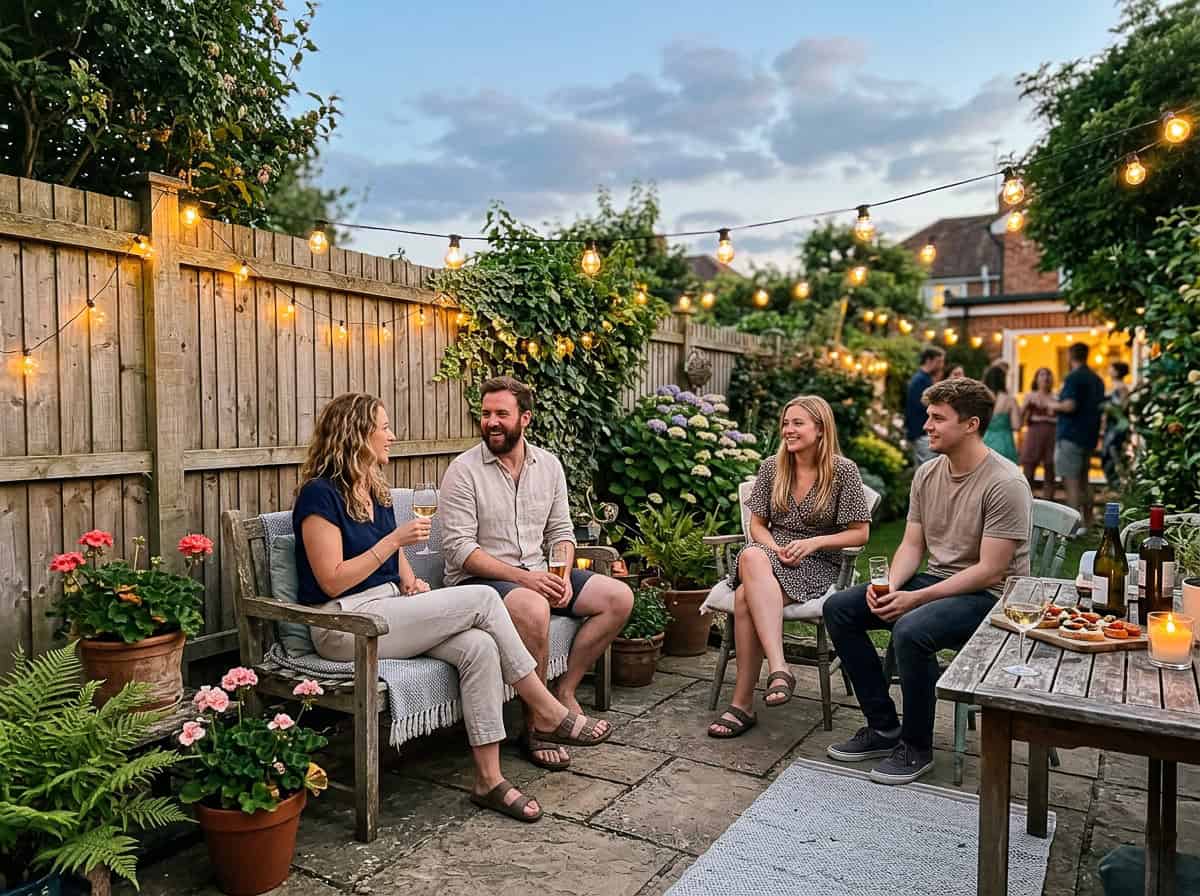 Friends chatting and sipping drinks at an evening backyard gathering under string lights in a fenced garden.