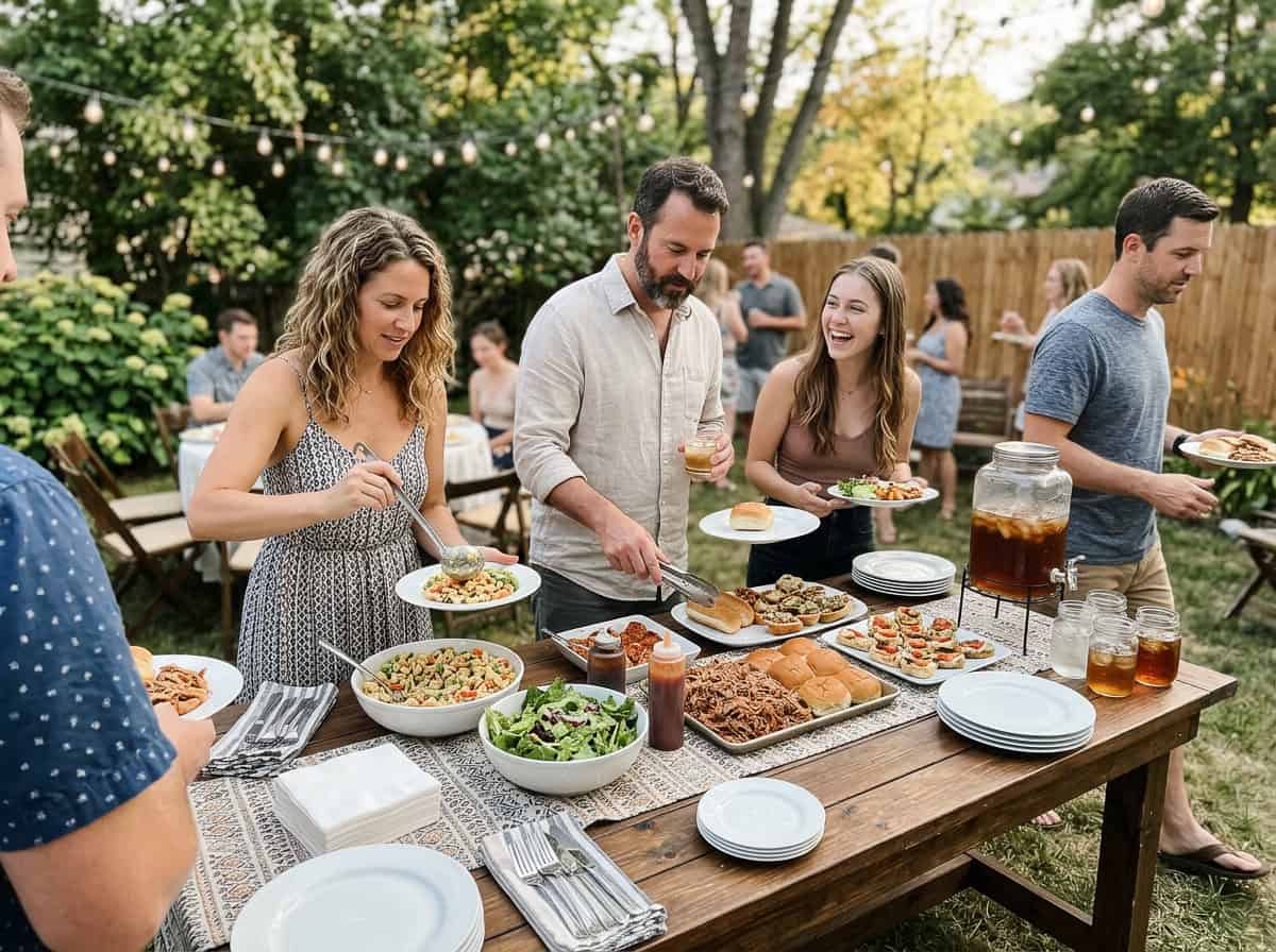 Group of friends serving themselves at an outdoor backyard potluck buffet with salads, bread, and drinks.