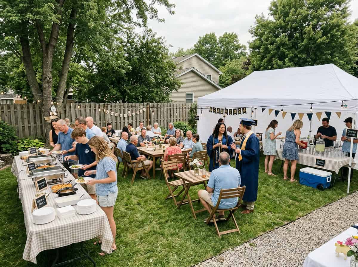 Outdoor backyard graduation party under a white tent, people line up at a buffet while others sit at tables under string lights and trees.