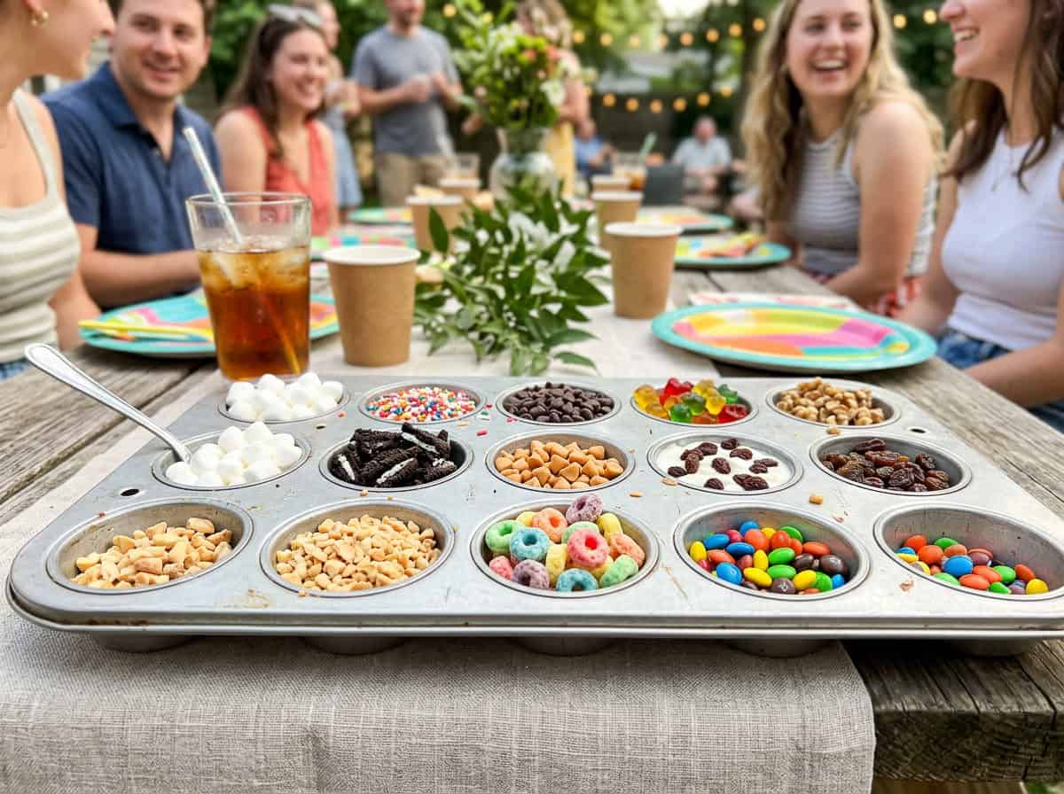 Tray of assorted candies and toppings on a rustic table at an outdoor party with friends in the background.