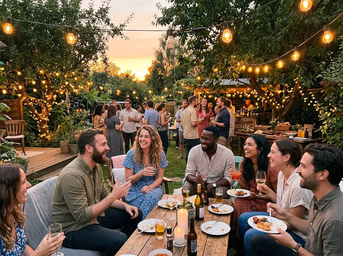 Group of friends at a backyard dinner party under string lights, chatting and toasting with drinks at sunset.